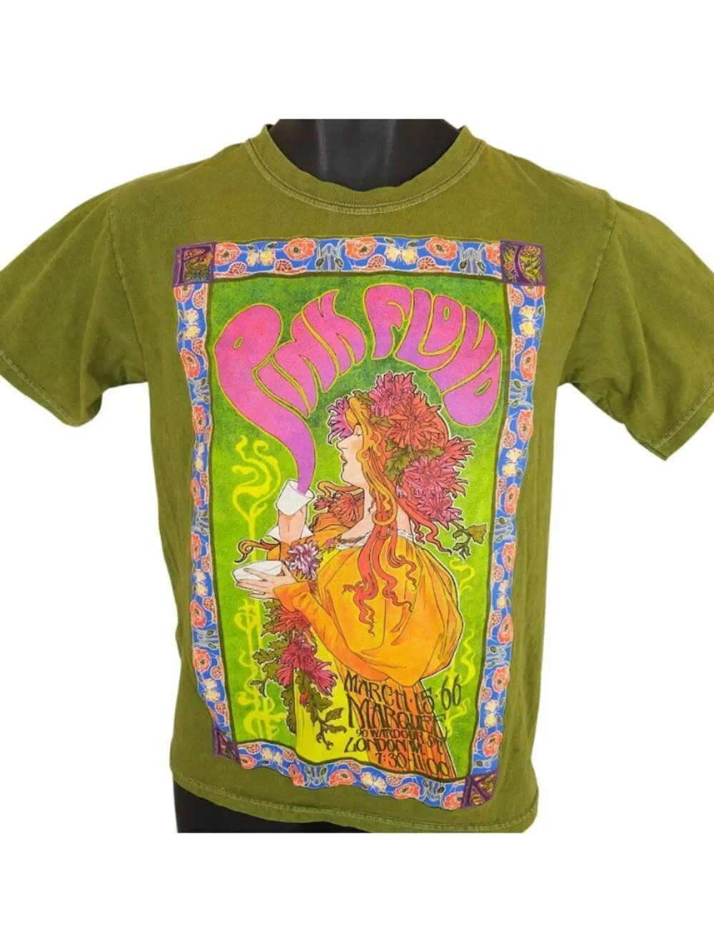 Pink Floyd T Shirt Mens Size Small Green Art Nouveau Poster Art 1966 London WI
